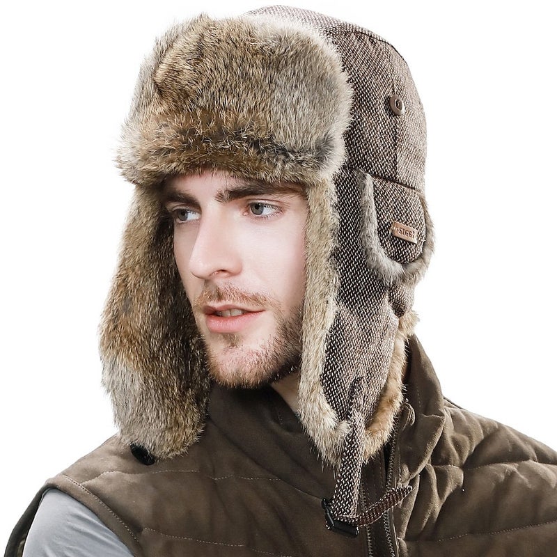 Comhats Winter 100% Real Rabbit Fur Aviator Trapper Hats for Men Ear Flaps Russian Ushanka Cold Weather with Mask Coffee Large - Image 4